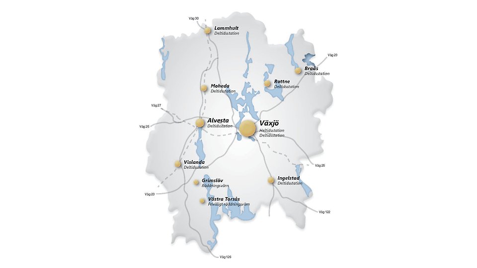 Karta över Värends Räddningstjänst geografiska område och stationer.