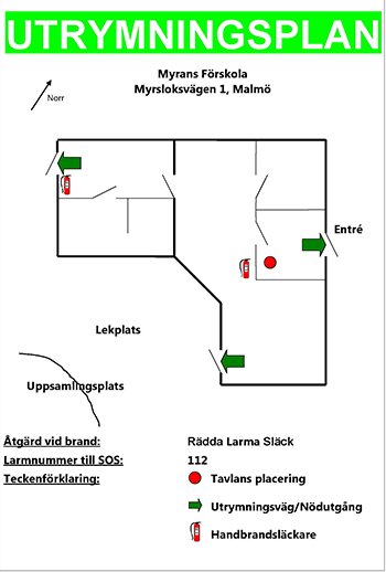 Exempel på utrymningsplan. Planritning över en lokal där utrymningsvägar, brandlarmcentral och placering av brandsläckare är markerat.